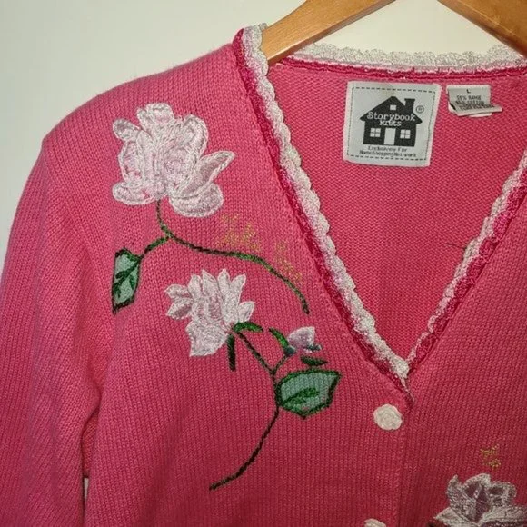 Storybook Knits Pink Cardigan Sweater Roses L - Picture 4 of 14